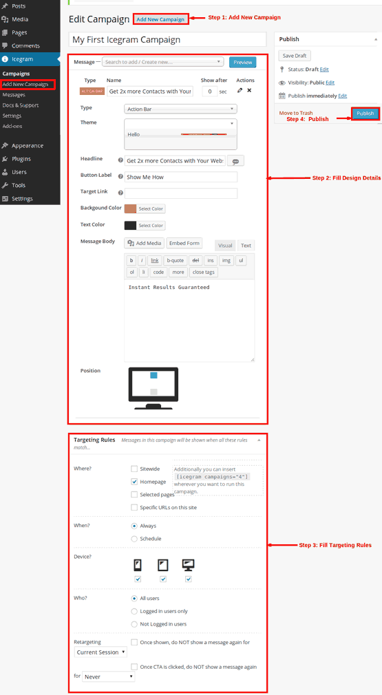 Setting up a campaign and message in Icegram Engage