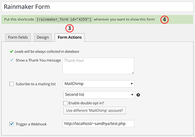 Select form action and copy shortcode