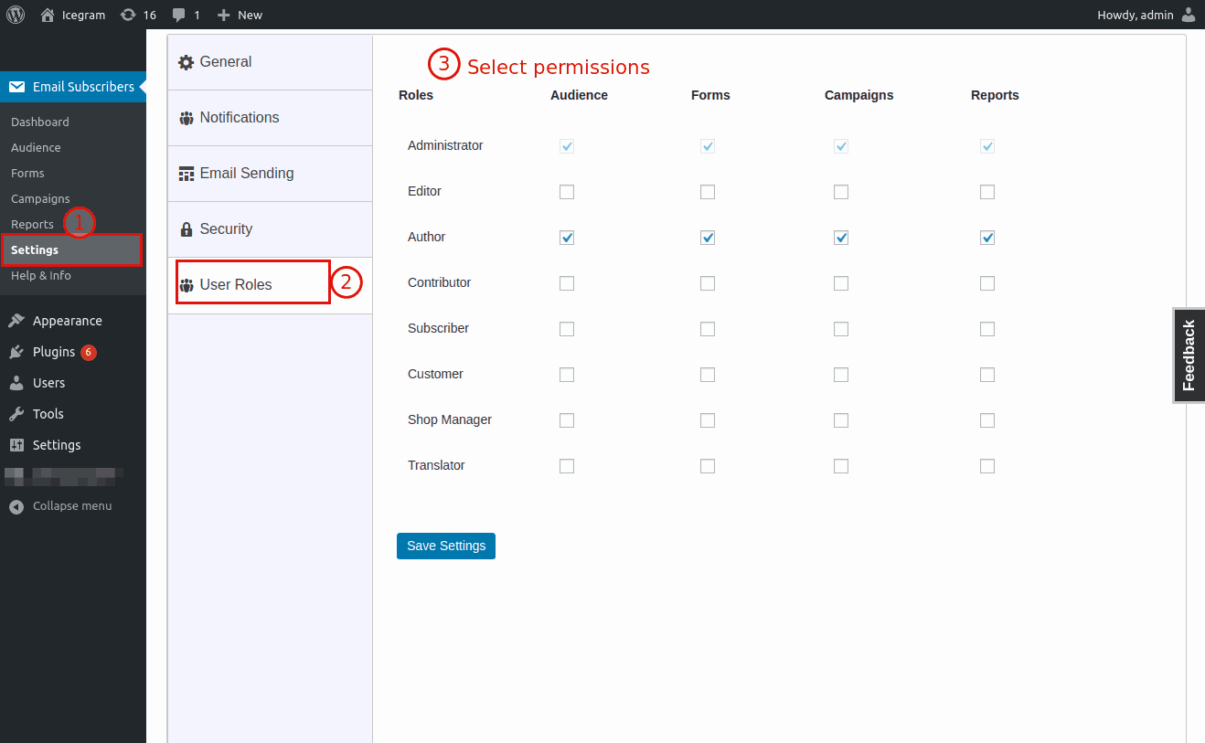 User roles permission settings