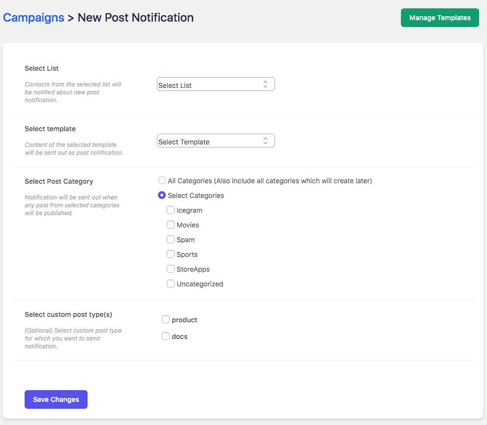 Icegram Express campaigns new post notification