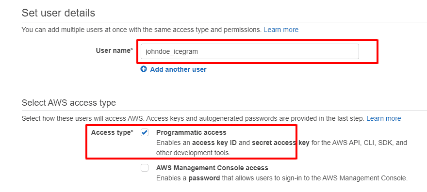 Set user details & AWS access type