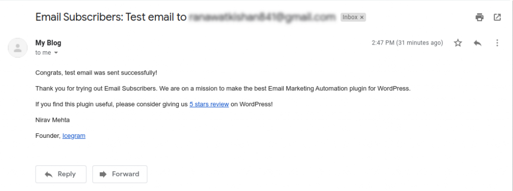 Test Email received in Inbox