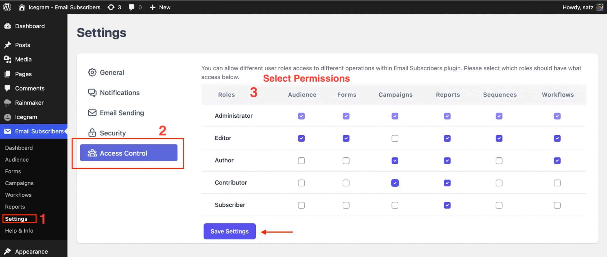 User roles permission settings