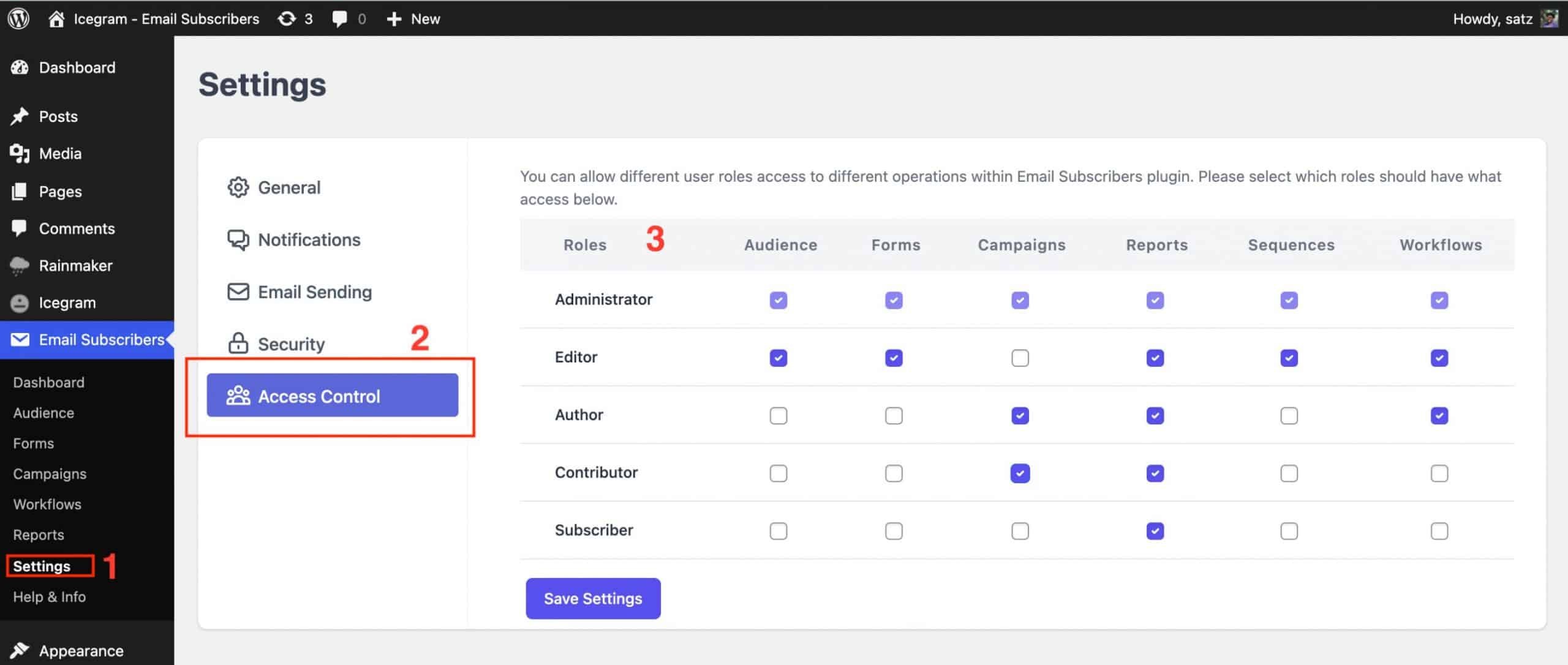 User roles permission settings