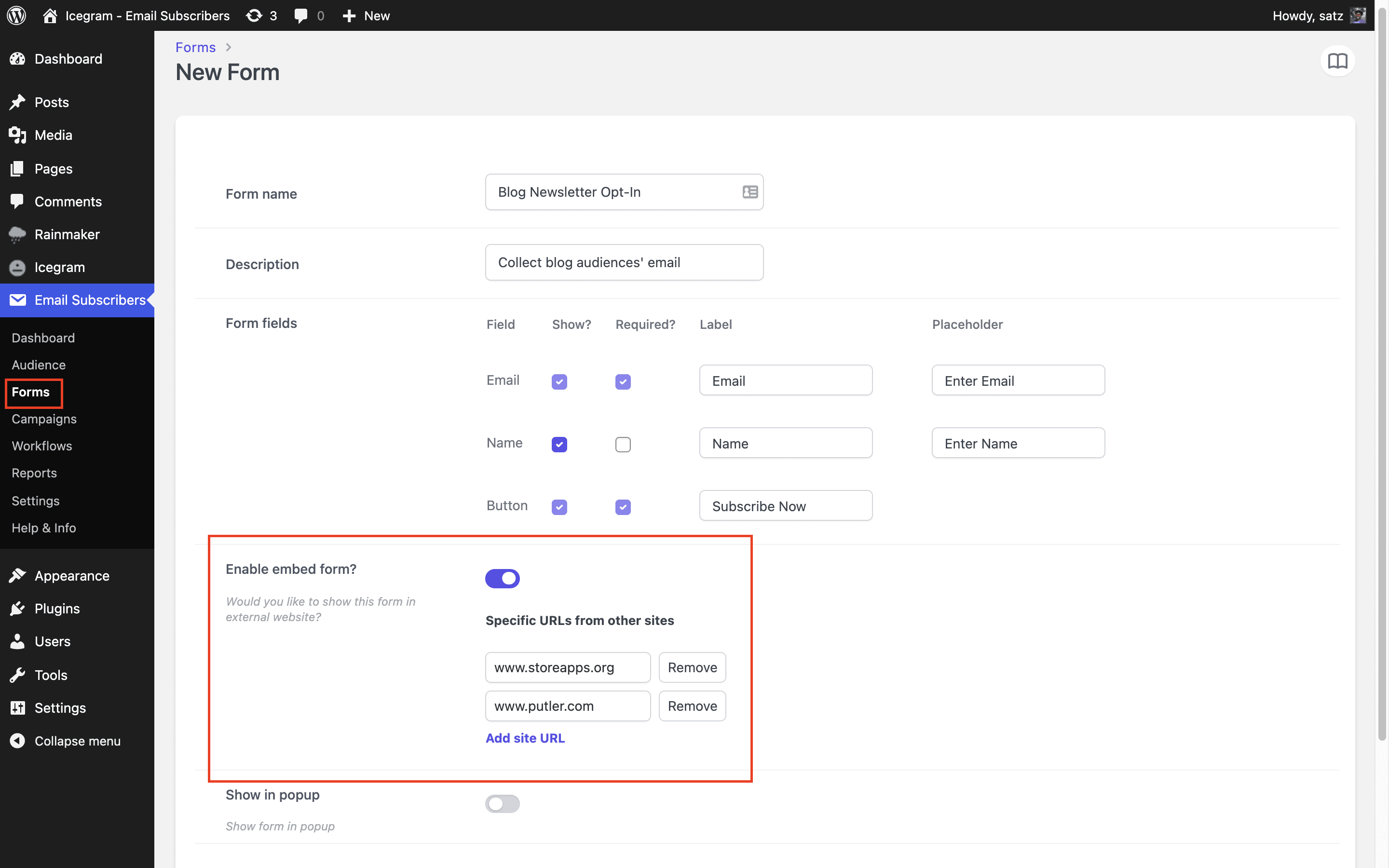 Enable the embed form