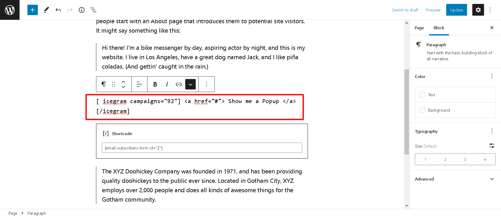Message shortcode