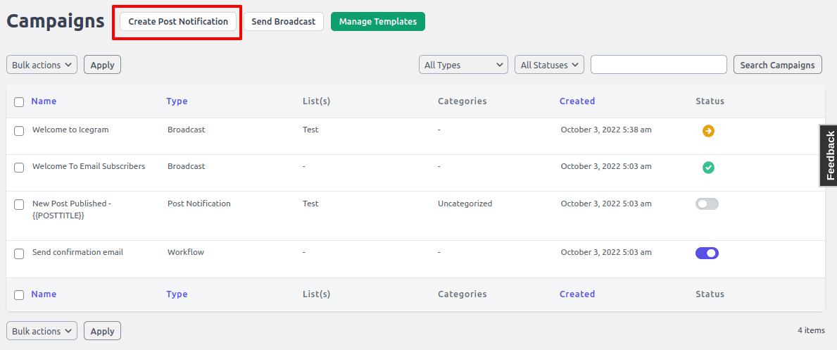 Create post notification