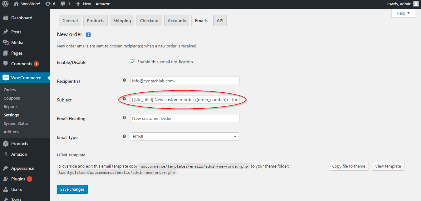 WooCommerce new order email setting