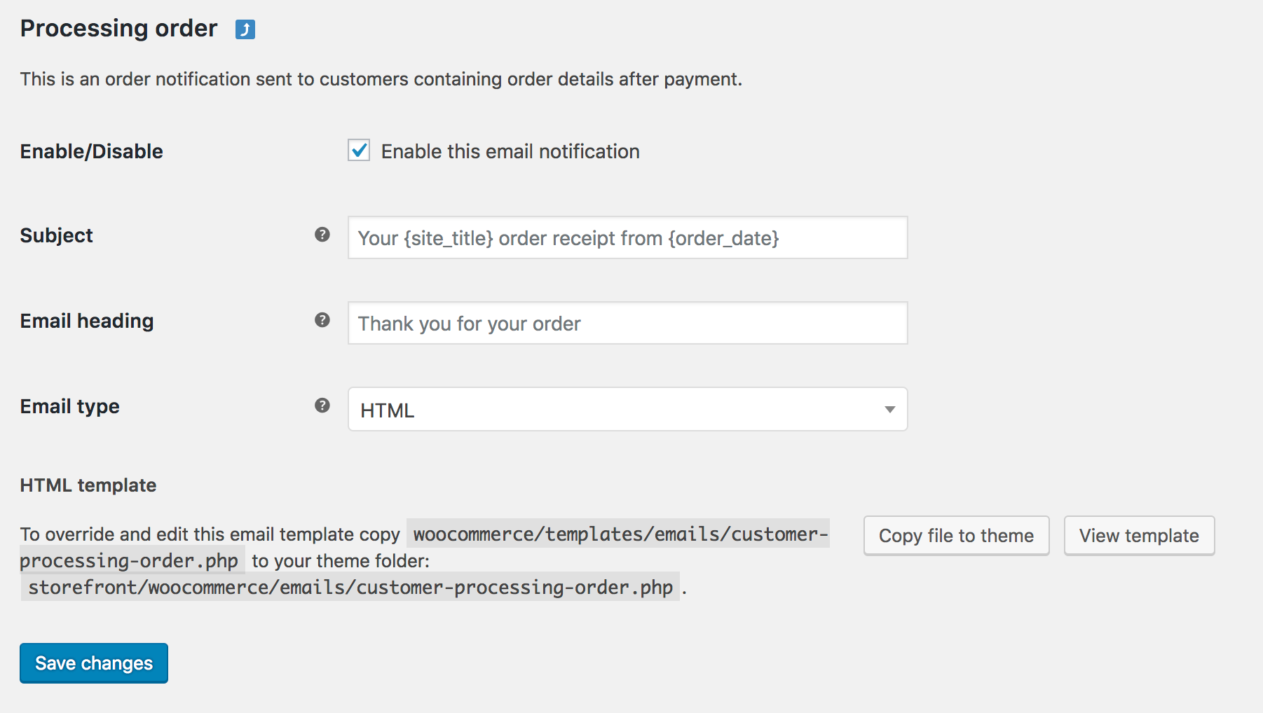 WooCommerce processing order email settings