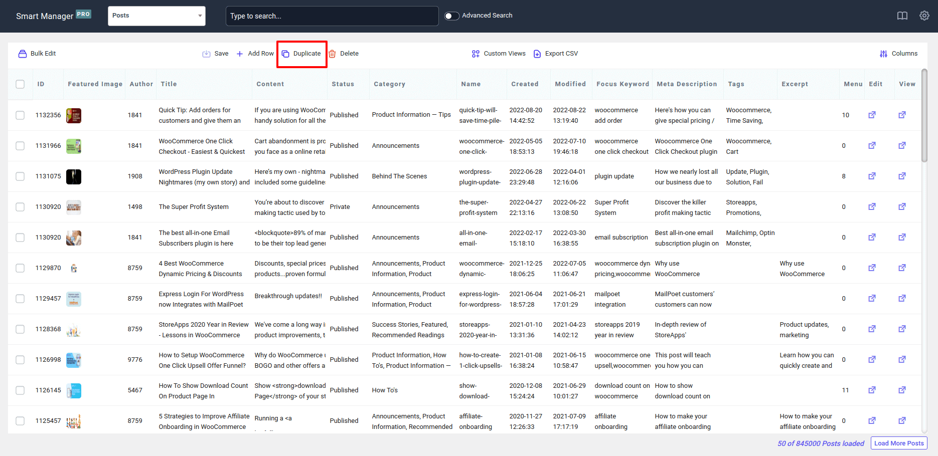 Smart Manager Posts dashboard duplicate option