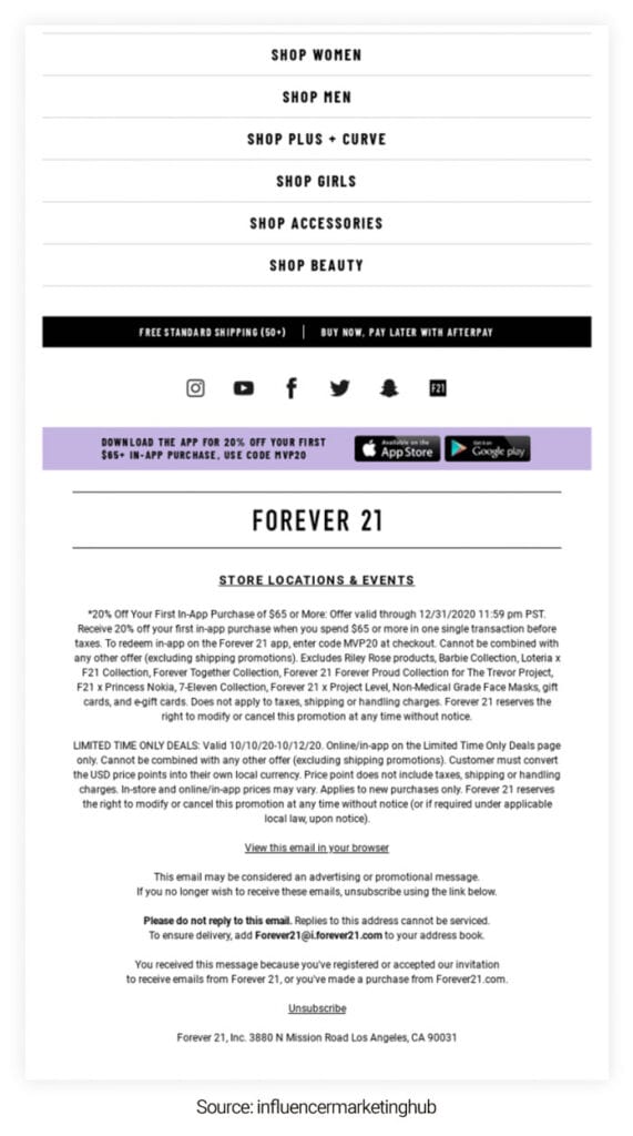 Forever 21 email footers