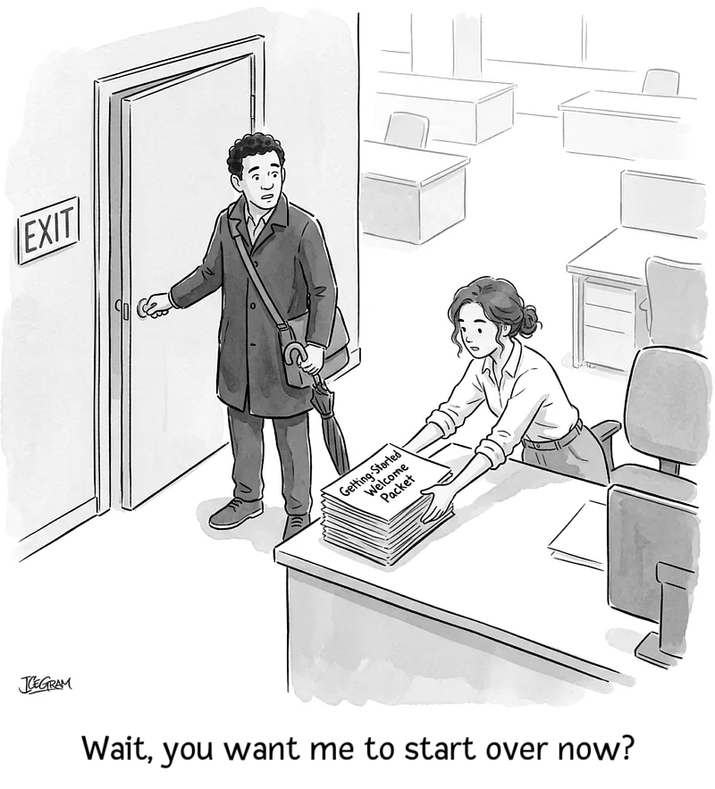 Cartoon Showing Marcus Ready To Leave The Office At End Of Day With Coat On And Umbrella In Hand, Turning In Disbelief As Dana Slides A Thick Getting-Started Welcome Packet Across The Desk