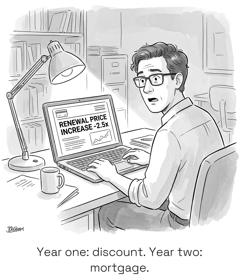 Renewal price shocker Single-Panel Cartoon Of Theo Staring Wide-Eyed At A Laptop Screen Showing A 2.5X Renewal Price Increase.